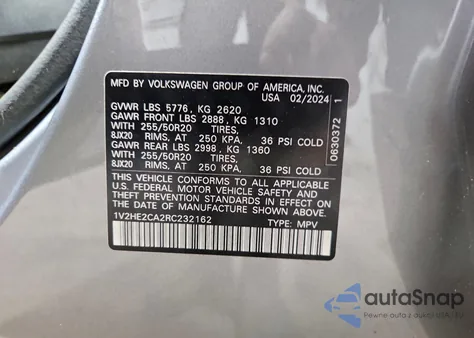 2024 Volkswagen Atlas Cross Sport Se из США, поврежденный, VIN 1V2HE2CA2RC232162